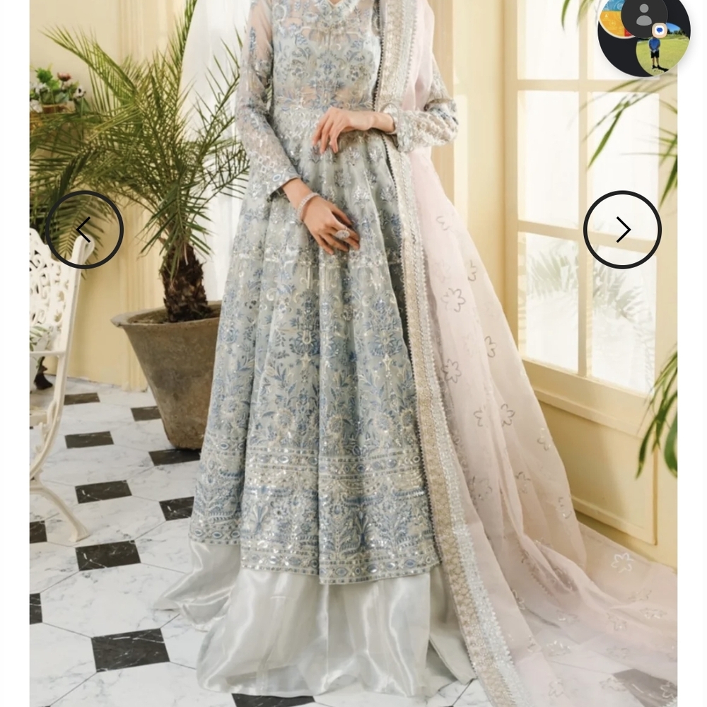 Elegant Floral Embroidered Dress in Blue and White